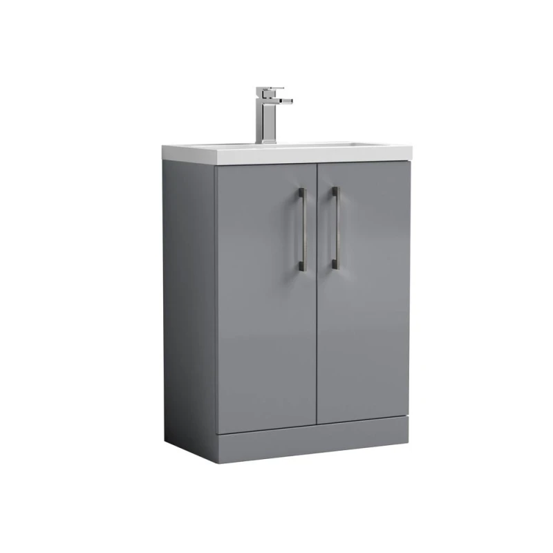 Image of Balterley Level Compact Bathroom Cloakroom Vanity Basin Unit With Ceramic Basin, Brushed Pewter Handles, 600mm, Satin Grey