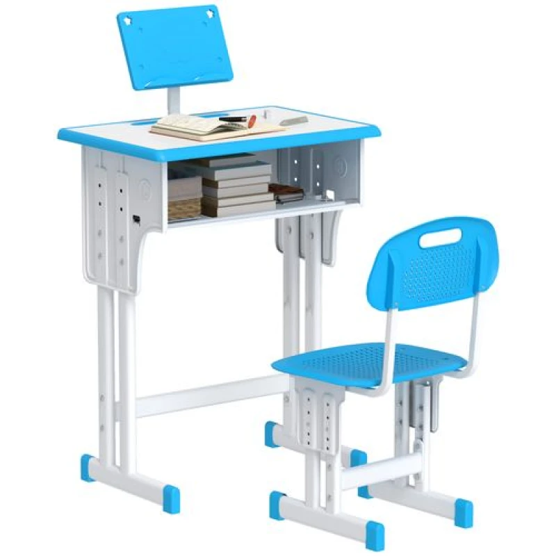 Image of HOMCOM Kids Desk and Chair Set Adjustable Height Study Table Set w/ Drawer Blue - Homcom 5061025015641