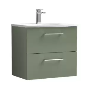 Image of Arno Satin Green 600mm Wall Hung 2 Drawer Vanity Unit with 30mm Curved Profile Basin - ARN824G - Satin Green - Nuie
