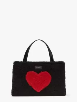 Image of Kate Spade Sam Icon Intarsia Heart Faux Shearling Small Tote Bag, Black Multi, One Size
