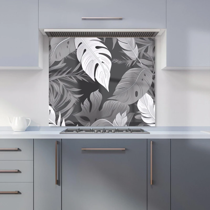 Image of Warren Reed - Designer Black White Tropical Leaves Kitchen Splashback in Grey Size: 600mm x 750mm Grey Unisex 600mm x 750mm