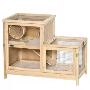 Image of Pawhut Two-tier Wooden Hamster Cage w/ Sliding Tray and Exercise Wheel