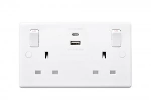 Image of British General Round Edge 13A 2 Gang Switched Socket with 1x USB-A + 1x USB-C 4.2A - White