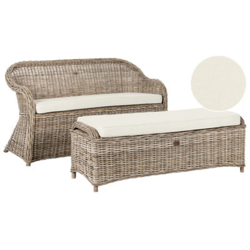 Image of Beliani Garden Bench With Cushion Susua 150 Cm With Ottoman Rattan Natural