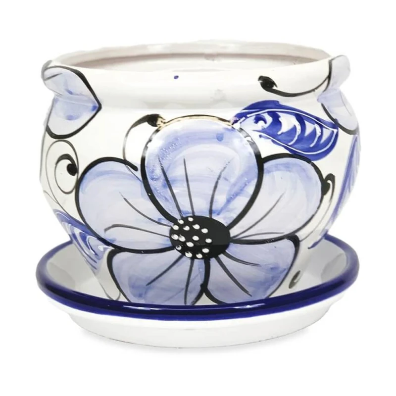 Image of Verano Spanish Ceramics Blue Flowers Hand Painted Outdoor Garden Bola Pot & Drainage Plate (D) 25cm Blue unisex