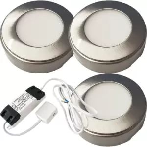 Image of 3x BRUSHED NICKEL Round Surface or Flush Under Cabinet Kitchen Light & Driver Kit - Warm White LED