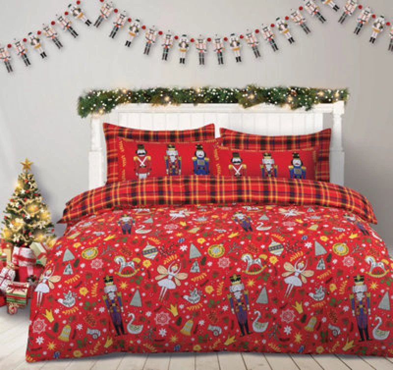 Image of Velosso Plaid Christmas Duvet Cover & Pillowcase Set, Festive Nutcracker Design Bedding, Soft And Durable, Easy Care - Red