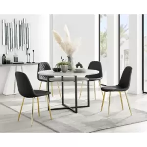 Image of Furniturebox UK - Furniturebox Adley Grey Concrete Effect 120cm Storage Dining Table & 4 Black Corona Faux Leather Dining Chairs with Gold Legs