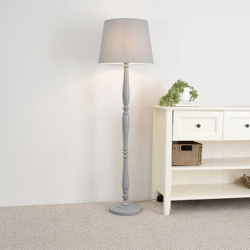 Image of ValueLights Victoria White Wood Traditional Stem Floor Lamp with Fabric Tapered Shade Grey
