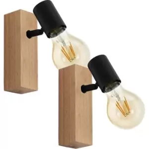 Image of 2 PACK Wall Light Colour Brown Wood Back Plate Black Bulb Holder Bulb E27 10W