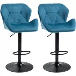 Image of Set Of 2 Luxurious Velvet-Touch Bar Stools Metal Frame Footrest Blue - Blue - Homcom