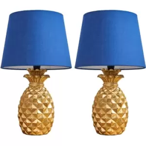 Image of Minisun - 2 x Pineapple Table Lamps in Gold With Tapered Shades - Navy Blue