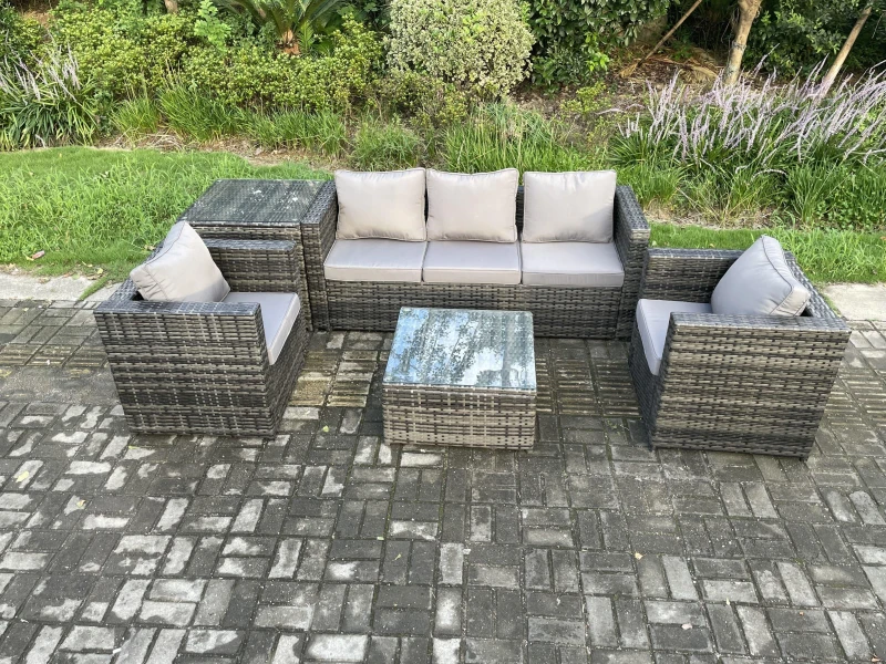 Image of Fimous Outdoor Lounge Sofa Set Wicker PE Rattan Garden Furniture Set with 2 Armchairs Side Table Squar Coffee Table Dark Grey