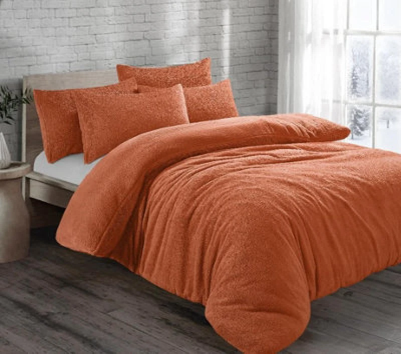 Image of Velosso Plain Teddy Warm And Cosy Duvet Cover And Pillowcase Set - Orange