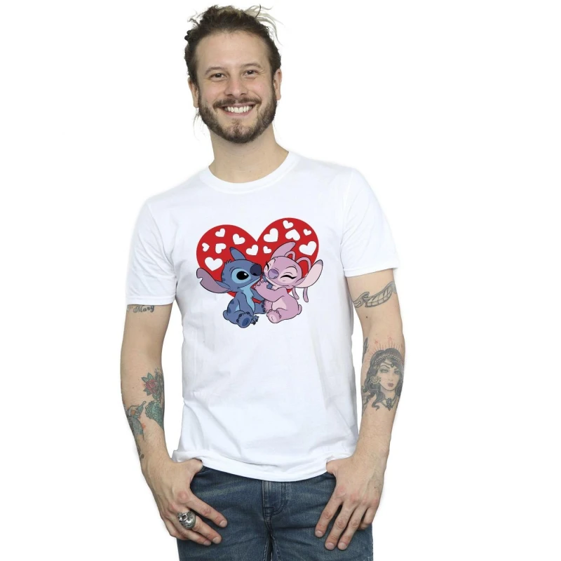 Image of Disney Men Lilo & Stitch Hearts T-Shirt in White Size: Small White S Male 5063153540385