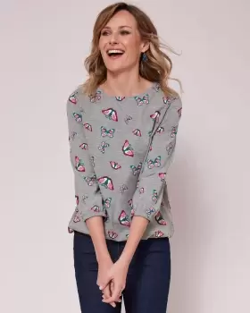 Image of Cotton Traders Womens Bubble Hem ¾ Sleeve Print Jersey Top in Grey