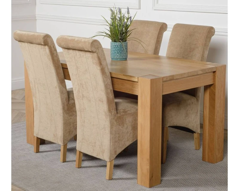 Image of Thats Furniture Kuba 150 x 85cm Chunky Medium Oak Dining Table & 4 Montana Fabric Chairs in Beige Beige Unisex 150 x 85 cm