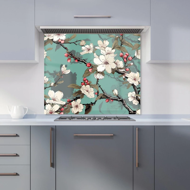 Image of Warren Reed - Designer Pink Blossom Asian Design Kitchen Splashback in Green Size: 600mm x 750mm Green Unisex 600mm x 750mm