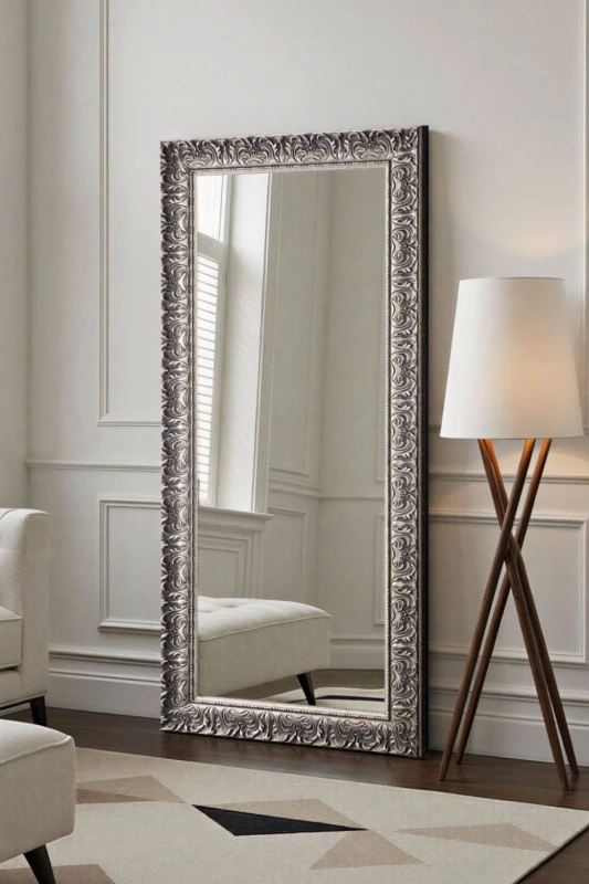 Image of Yearn Mirrors Yearn Mirrors Carved Framed Bevelled Full Length Mirror Silver 169x77cm Silver One Size Unisex 0716053063458