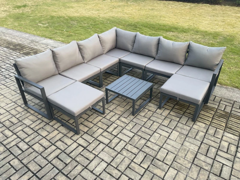Image of Fimous Aluminium Outdoor Garden Furniture Set Lounge Corner Sofa Square Coffee Table Sets with 2 Big Footstools Dark Grey Dark Grey Unisex