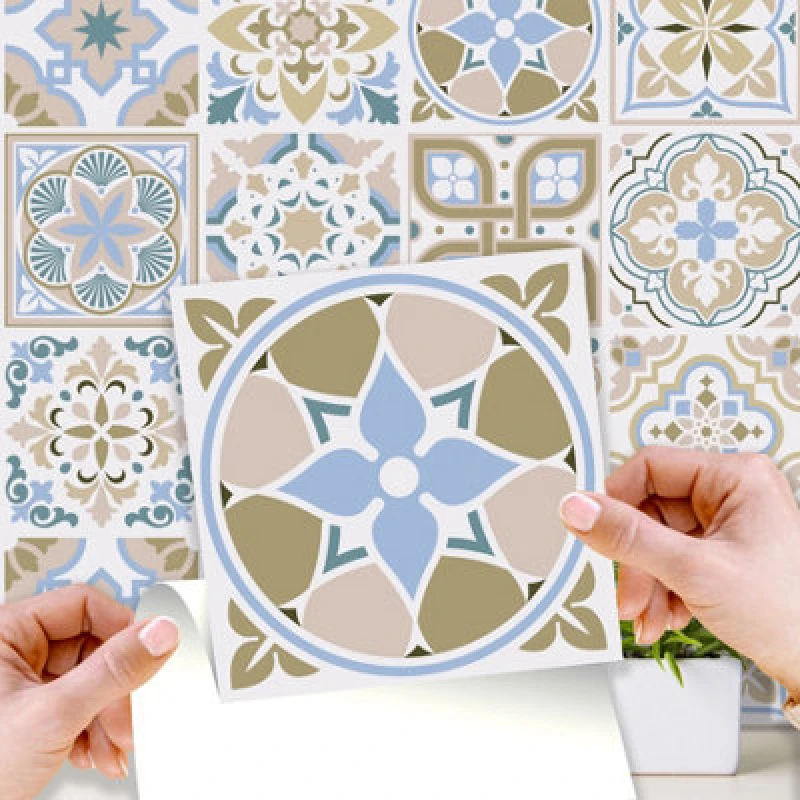 Image of Walplus Light Sapphire And Parchment Traditional Peel And Stick Wall Tiles Sticker - 24Pcs 15X15Cm Self Adhesive Stick On Tiles