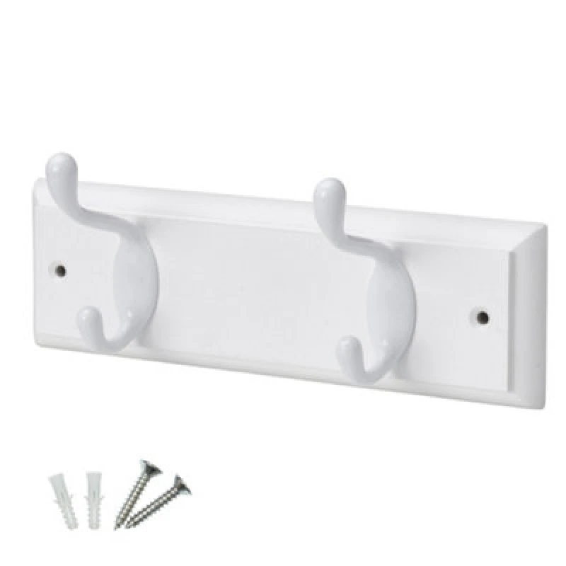Image of Keypak 2-Hook Door Wall Mounted Coat Rack, 22.5Cm - White Wooden Board, White Coat Hooks - Fixings Included