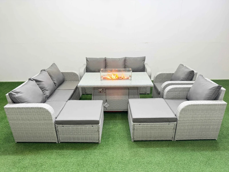 Image of Fimous PE Rattan High Back Lounge Sofa Set Patio Firepit Dining Table & Chairs Set with 3 Seater Sofa Reclining Chair 2 Big Footstool Light Grey Light