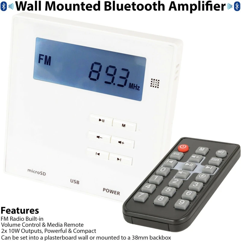 Image of Loops Wall Mounted Mini Bluetooth Amplifier & Black Wall Speakers Kit Stereo HiFi Amp Black unisex