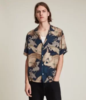Image of AllSaints Mens Wader Shirt, Blue and Beige, Size: S
