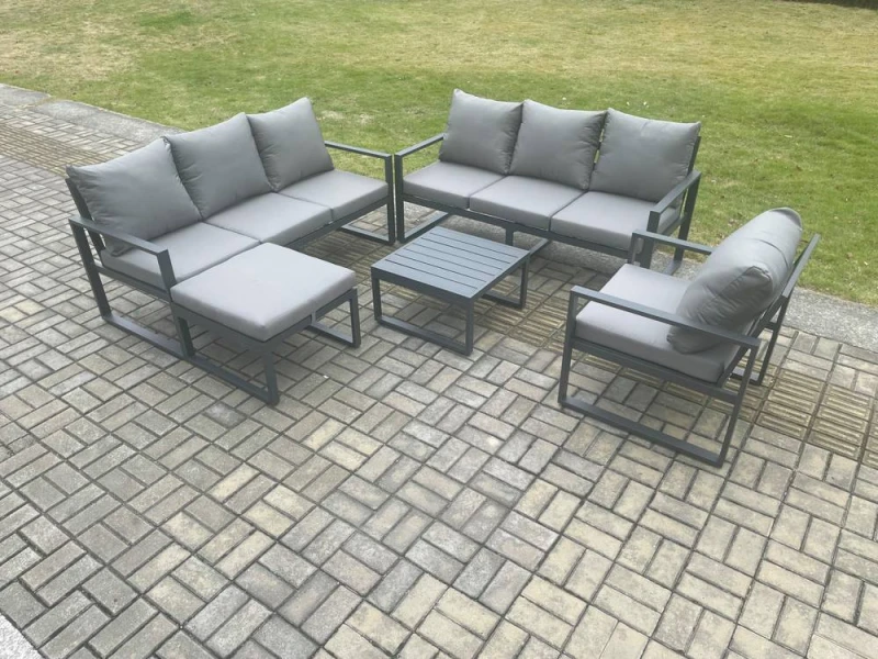 Image of Fimous Aluminium 8 Seater Outdoor Garden Furniture Lounge Sofa Set with Square Coffee Table Chair Big Footstool Dark Grey Dark Grey Unisex
