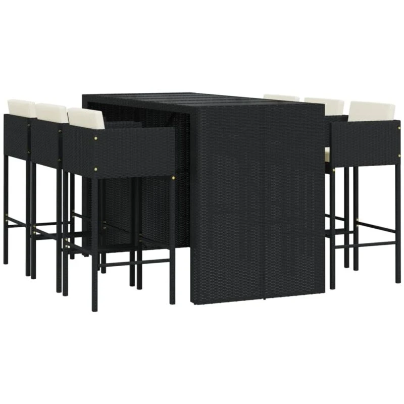 Image of vidaXL 7 Piece Garden Bar Set with Cushions Black Poly Rattan, Black 3203952