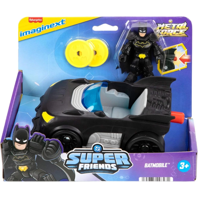 Image of Fisher-Price Imaginext DC Super Friends Metal Force Batmobile Toy Car 3-inch Batman Action Figure & Accessories Set Includes Launcher & 2 Discs JFJ