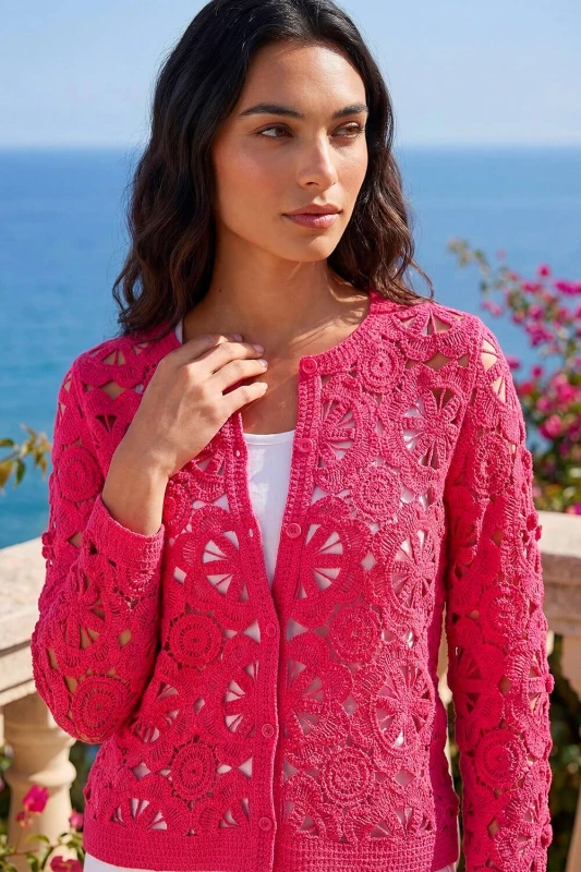 Image of Roman Womens Crochet Knit Cardigan in Cerise Size: Small Cerise Female S
