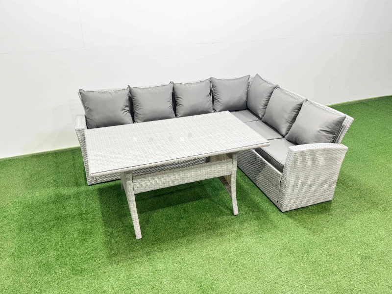 Image of Fimous Rattan Garden Furniture Set Outdoor 6 Seater Patio Dining Corner Sofa in Light Grey Light Grey Unisex