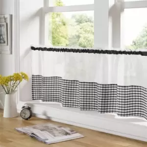 Image of Gingham Ready Made Slot Top Voile Cafe Curtain Panel (59 x 18, Black) - Black