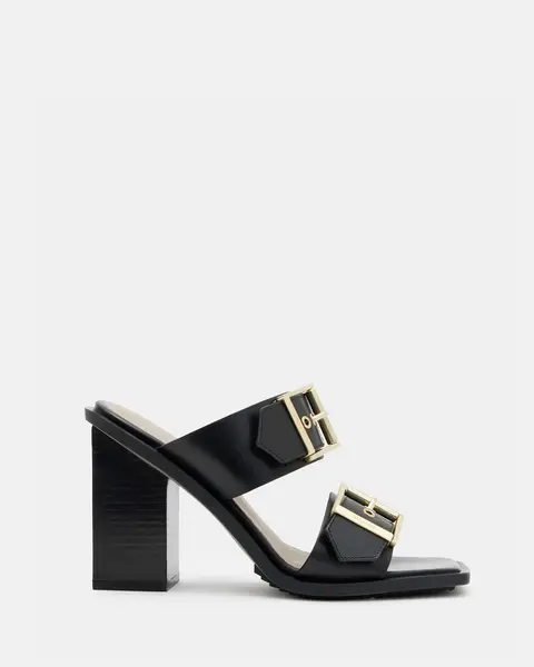 Image of AllSaints Camille Leather Buckle Strap Block Heels