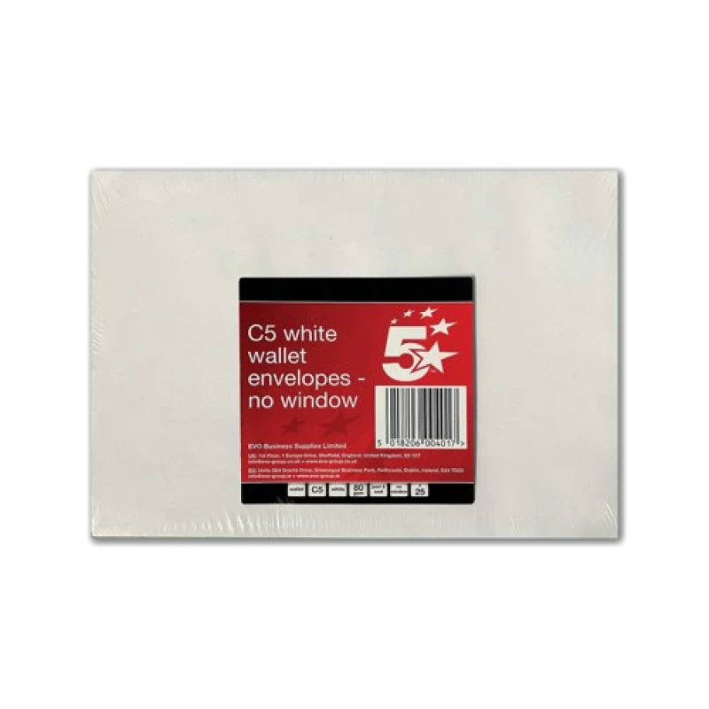 Image of 5 Star Office Envelopes Pocket Peel and Seal 80gsm C5 White (25 Pack) FS600401