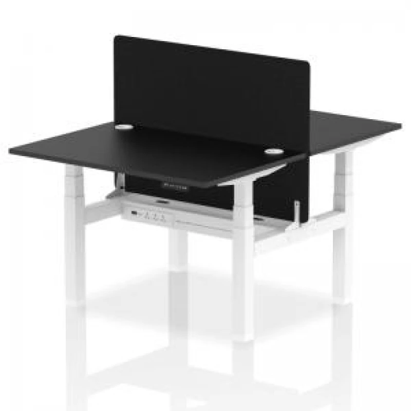 Image of Air Back - to - Back 1200 x 800mm Height Adjustable 2 Person Bench Office Desk Black Top - Cable Ports White Frame - Black Straight Screen