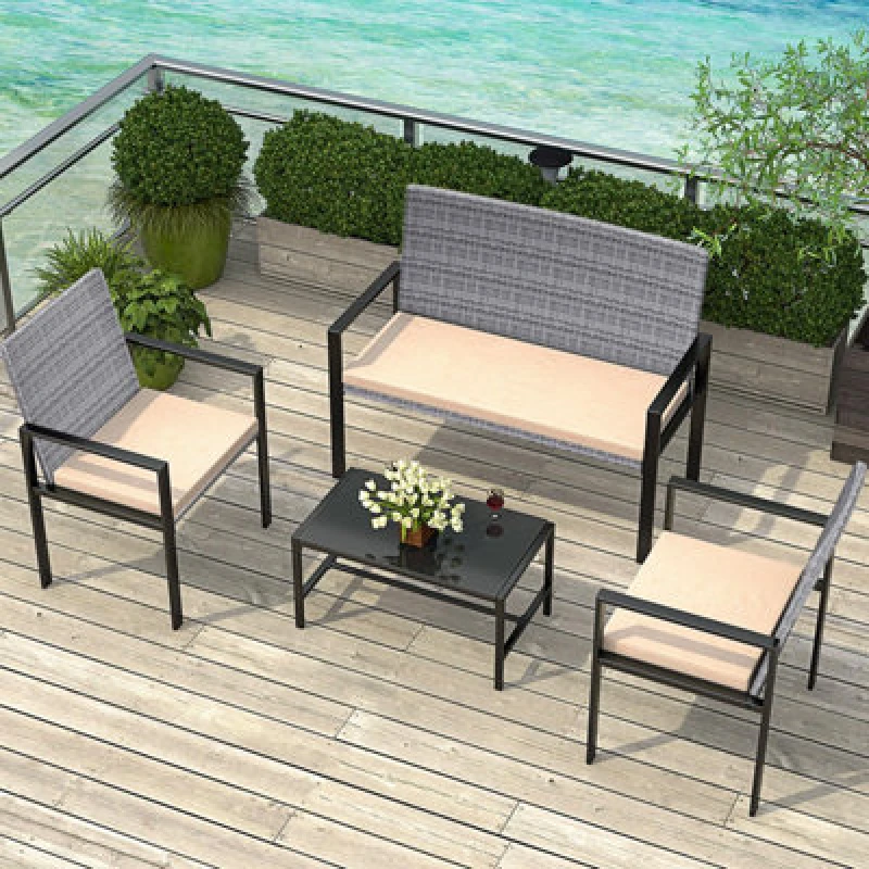 Image of Rattantree Minimalist 4 Pieces Garden Furniture Set with Armchairs, Loveseat and Table Grey unisex