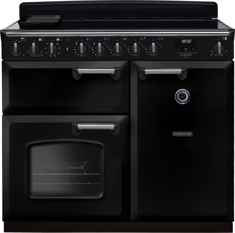 Image of Rangemaster CLDL100EIPGBL/CM1 Classic Deluxe 100cm Induction Range Cooker Chrome Trim 14672 - BLACK CLDL100EIPGBL/CM1