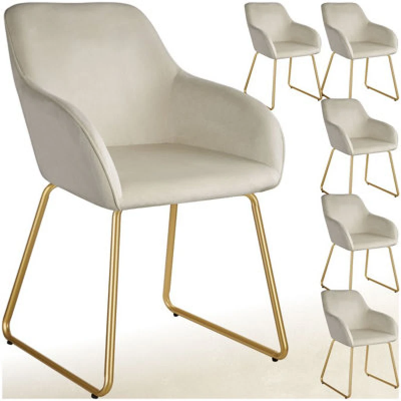 Image of Tectake Set Of 6 Dining Chair Jeane - Velvet Look, Cantilever Frame - Velvet Look Cream/gold