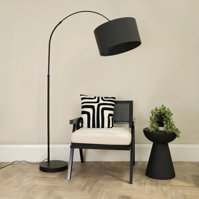 Image of ValueLights Louis Black Arched Curved Floor Lamp with Fabric Drum Lamp Shade Charcoal