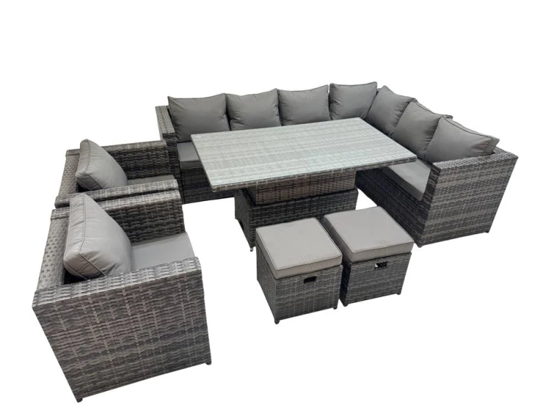 Image of Fimous 10 Seater Rattan Corner Sofa Sets with 2 Chairs 2 Small Stools in Dark Grey Dark Grey Unisex