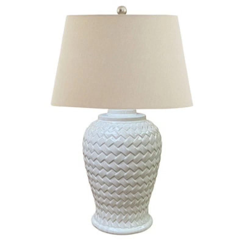 Image of Woven Ceramic Table Lamp With Linen Shade