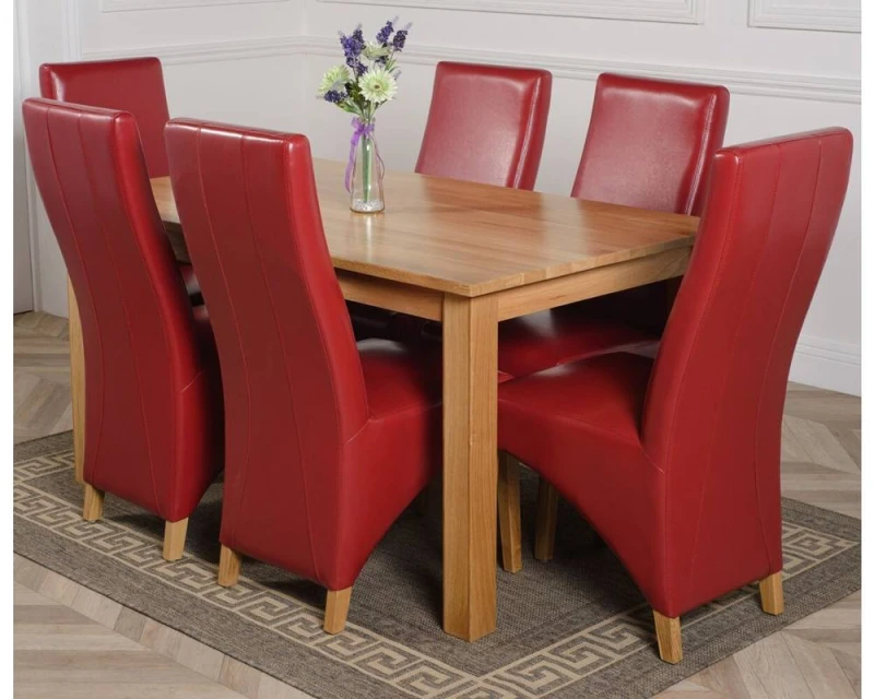 Image of Thats Furniture Oslo 150 x 90cm Medium Oak Dining Table & 6 Lola Leather Chairs in Red Red Unisex 150 x 90 cm