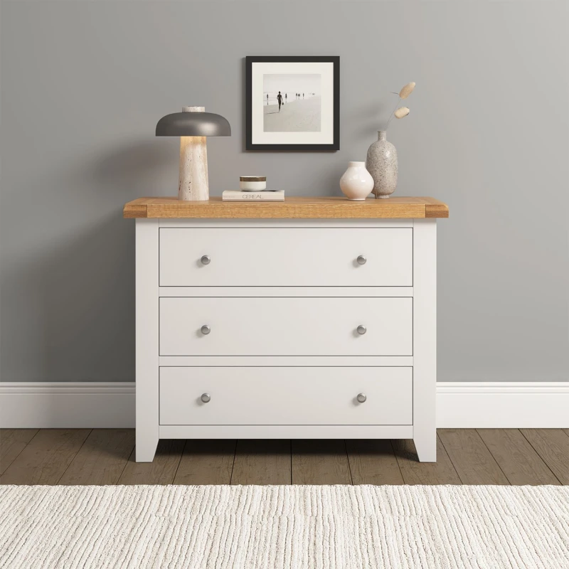 Image of Seconique Windsor 3 Drawer Chest Ivory With Solid Oak Top Fully Assembled