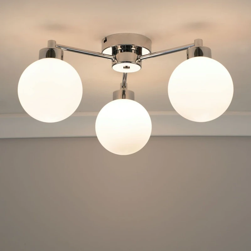 Image of ValueLights Jonah 3 Arm Globe Ball Shade Flush Ceiling Light with LED Bulbs Silver
