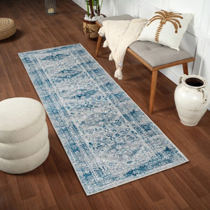 Image of Livabliss Vintage Oriental Boho Sky Blue/light Grey/white/navy Neelam Runner Rug 80 X 220 Cm - Easy Care, Ideal For Hallway