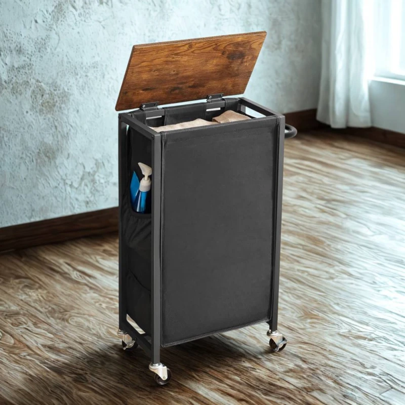 Image of FURNOS Industrial Laundry Basket Trolley With Shelf & Wheels in Black Unisex