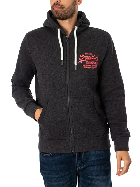 Image of Superdry Neon Vintage Logo Zip Hoodie Charcoal Marl XL